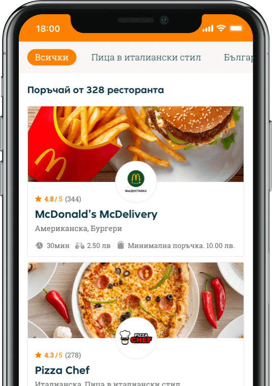 Изображение със списъка от ресторанти в нашето мобилно приложение